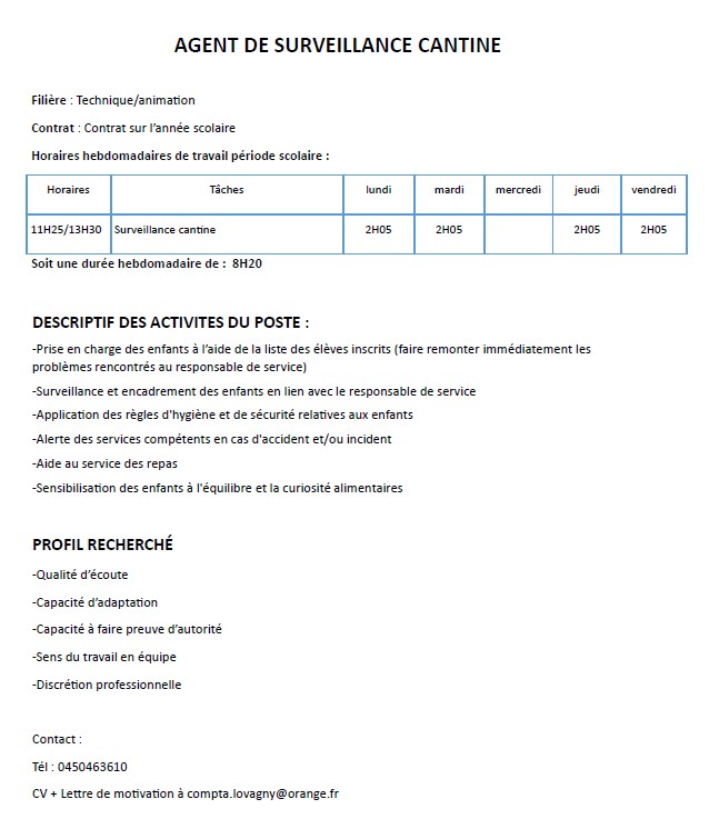 FICHE DE POSTE AGENT DE SURVEILLANCE CANTINE 